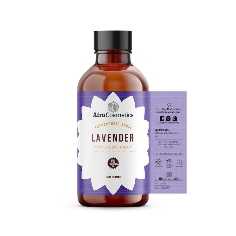 May include: A brown glass bottle with a purple label that says "Afro Cosmetics Therapeutic Grade Lavender Lavandula Angustifolia" and a USDA Organic seal. The bottle is filled with a clear liquid.