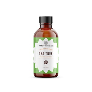May include: A brown glass bottle with a black cap, labeled "AfroCosmetics Therapeutic Grade Tea Tree Melaleuca Alternifolia USDA Organic". The label has a green background with a white flower design.