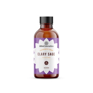 May include: A brown glass bottle with a black cap, labeled "AfroCosmetics Therapeutic Grade Clary Sage Salvia Sclarea 100% Pure Essential Oil USDA Organic".