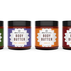 May include: Six brown glass jars with black lids and white labels. Each jar contains body butter and has a different scent:  Lavender, Lemongrass, Pine Lemonade, Vanilla, Pink Sugar, and  Sandalwood.