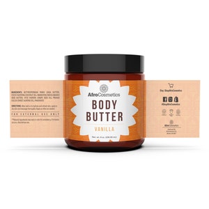 May include: A brown jar of vanilla scented body butter with a label that reads "Afro Cosmetics Body Butter Vanilla Net. wt. 8 oz. (236.58 mL)". The label has a yellow and orange background with a black and white floral design.