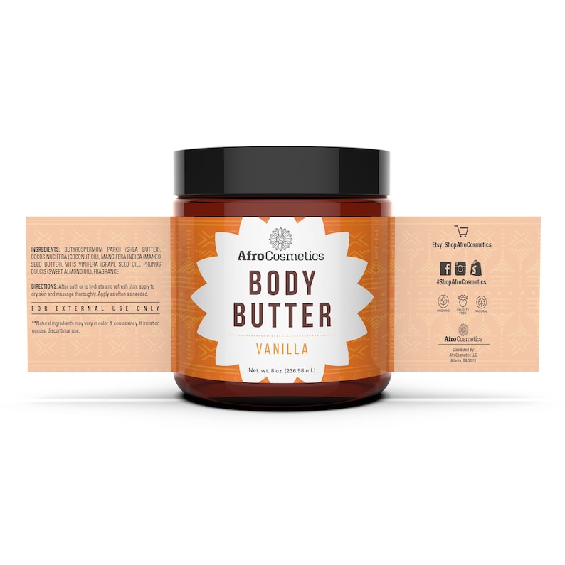 May include: A brown jar of vanilla scented body butter with a label that reads "Afro Cosmetics Body Butter Vanilla Net. wt. 8 oz. (236.58 mL)". The label has a yellow and orange background with a black and white floral design.