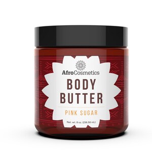 May include: A red jar of pink sugar scented body butter with a white label that reads "Afro Cosmetics Body Butter Pink Sugar Net. wt. 8 oz. (236.58 mL)"