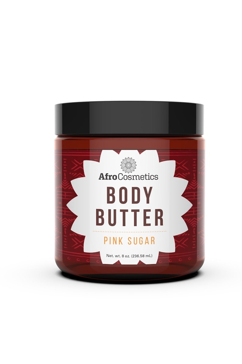 May include: A red jar of pink sugar scented body butter with a white label that reads "Afro Cosmetics Body Butter Pink Sugar Net. wt. 8 oz. (236.58 mL)"