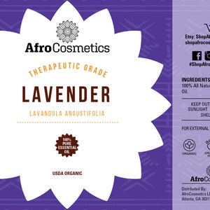 May include: A white label with a purple background and a flower design. The label reads "Afro Cosmetics Therapeutic Grade Lavender Lavandula Angustifolia 100% Pure Essential Oil USDA Organic". The label also includes the company's website and social media handles.