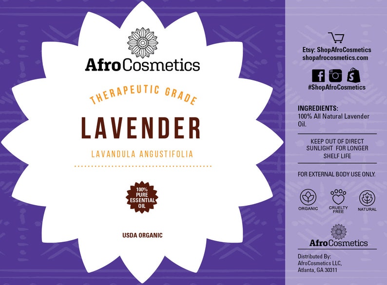 May include: A white label with a purple background and a flower design. The label reads "Afro Cosmetics Therapeutic Grade Lavender Lavandula Angustifolia 100% Pure Essential Oil USDA Organic". The label also includes the company's website and social media handles.