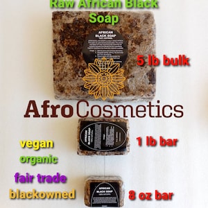 Puede incluir: Tres barras de jab&oacute;n negro africano de diferentes tama&ntilde;os: una barra a granel de 5 lb, una barra de 1 lb y una barra de 8 oz. El jab&oacute;n se elabora en &Aacute;frica Occidental y es 100% natural. El jab&oacute;n es vegano, org&aacute;nico, de comercio justo y de propiedad negra.
