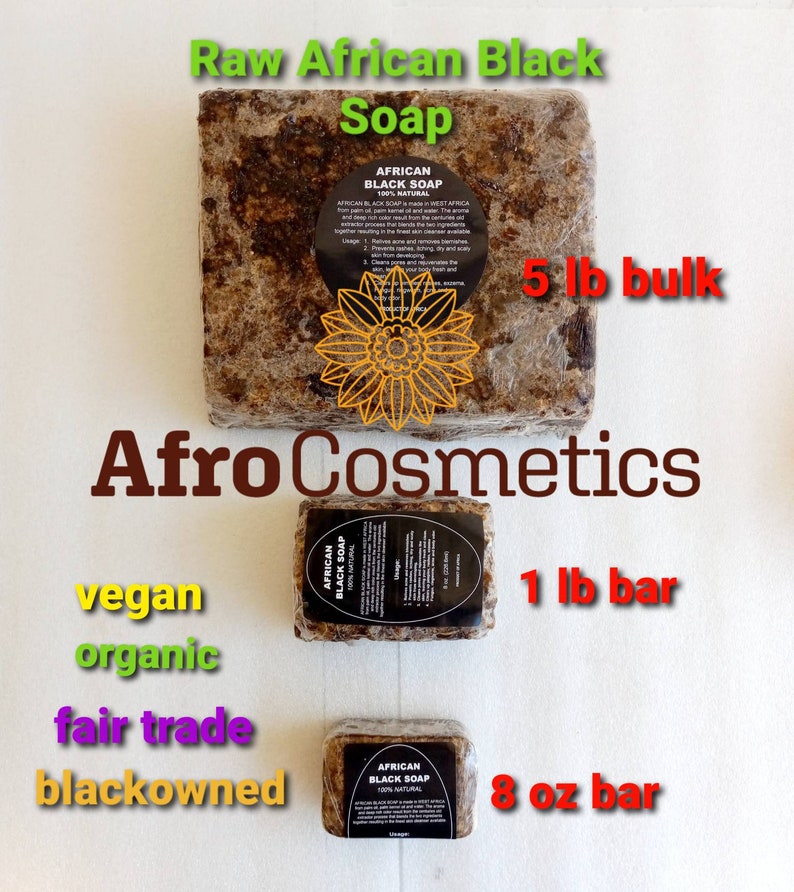 Puede incluir: Tres barras de jab&oacute;n negro africano de diferentes tama&ntilde;os: una barra a granel de 5 lb, una barra de 1 lb y una barra de 8 oz. El jab&oacute;n se elabora en &Aacute;frica Occidental y es 100% natural. El jab&oacute;n es vegano, org&aacute;nico, de comercio justo y de propiedad negra.