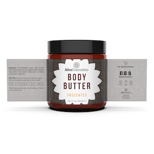 May include: A brown glass jar with a black lid containing unscented body butter. The label is black and white with the text "AfroCosmetics Body Butter Unscented" and "Net. wt. 8 oz. (236.58 mL)".