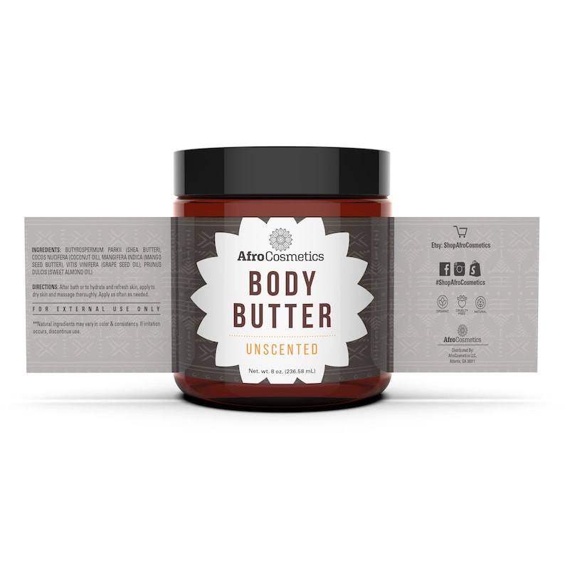May include: A brown glass jar with a black lid containing unscented body butter. The label is black and white with the text "AfroCosmetics Body Butter Unscented" and "Net. wt. 8 oz. (236.58 mL)".