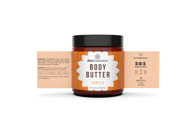 May include: A 4 oz (120 ml) jar of vanilla body butter with a brown label that says "AfroCosmetics Body Butter Vanilla". The jar is on a white background.