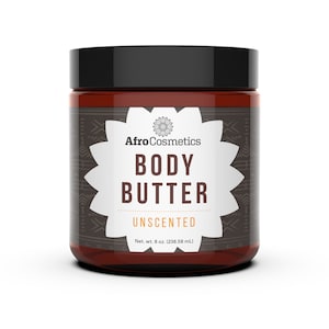 May include: A brown glass jar with a black lid containing unscented body butter. The label is white with black text that reads "Afro Cosmetics Body Butter Unscented Net. wt. 8 oz. (236.58 mL)".