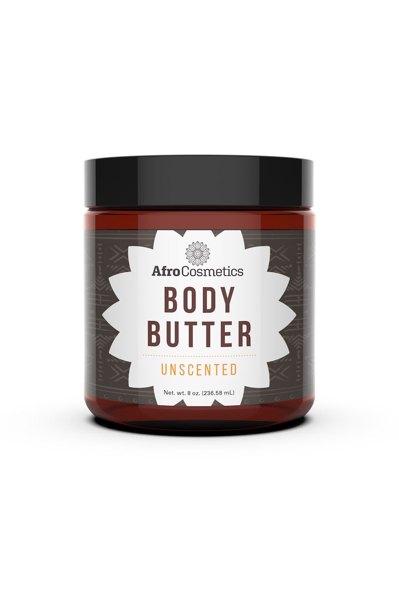 May include: A brown glass jar with a black lid containing unscented body butter. The label is white with black text that reads "Afro Cosmetics Body Butter Unscented Net. wt. 8 oz. (236.58 mL)".