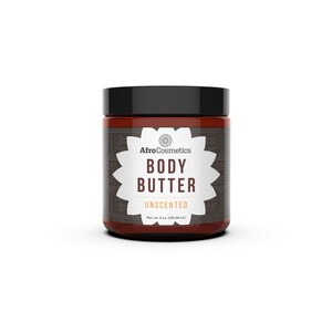 May include: A brown jar with a black lid containing unscented body butter. The label is black with white text that reads "AfroCosmetics Body Butter Unscented Net wt. 8 oz (226.8 g)".
