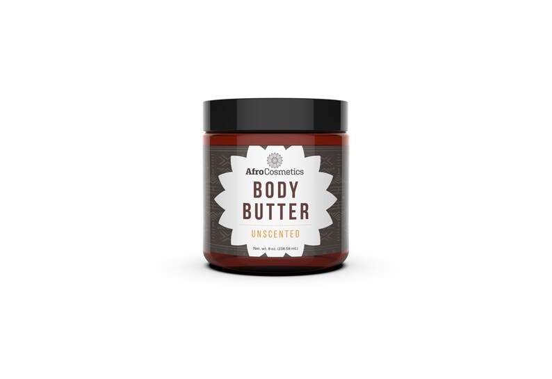 May include: A brown jar with a black lid containing unscented body butter. The label is black with white text that reads "AfroCosmetics Body Butter Unscented Net wt. 8 oz (226.8 g)".