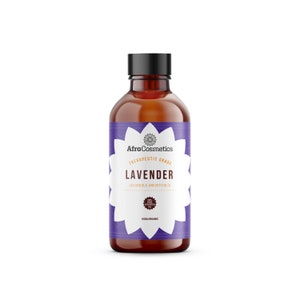 May include: A brown glass bottle with a black cap and a purple label. The label says "AfroCosmetics Therapeutic Grade Lavender Lavandula Angustifolia USDA Organic".