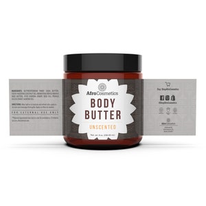May include: A brown glass jar with a black lid containing unscented body butter. The label is grey with black text and reads "AfroCosmetics Body Butter Unscented" with a floral design. The jar is 8 oz (236.59 ml).