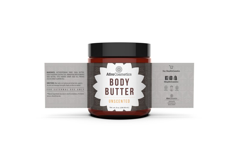 May include: A brown glass jar with a black lid containing unscented body butter. The label is grey with black text and reads "AfroCosmetics Body Butter Unscented" with a floral design. The jar is 8 oz (236.59 ml).