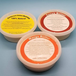 Raw Shea Butter, Raw Cocoa Butter, Raw Mango Butter Trio Bundle, Natural Body Lotion, Moisturizer For Soap, Hair, Face and Body