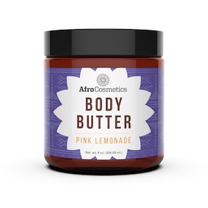 May include: A brown glass jar with a black lid containing pink lemonade scented body butter. The label is purple with white text that reads "Afro Cosmetics Body Butter Pink Lemonade Net. wt. 8 oz. (236.58 mL)"