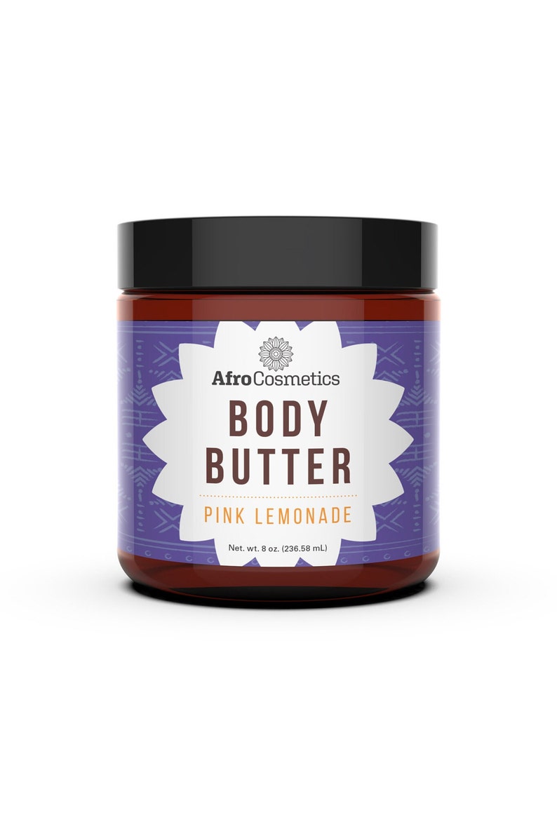 May include: A brown glass jar with a black lid containing pink lemonade scented body butter. The label is purple with white text that reads "Afro Cosmetics Body Butter Pink Lemonade Net. wt. 8 oz. (236.58 mL)"
