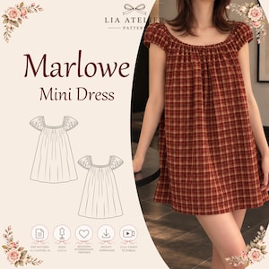 Puede incluir: Un patrón de costura para el vestido corto Marlowe en tela de cuadros rojos y marrones, con escote redondo fruncido y mangas cortas abullonadas. La imagen incluye dibujos técnicos del vestido, adornos florales y texto.