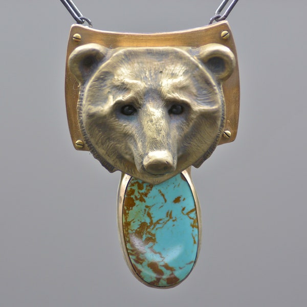 Brooke Stone Brown Bear Bronze Necklace with Nevada Turquoise