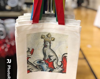 Hand Pressed Tote Bag Colorful Handle 10 options II, weird gift, sublimation, medieval art, eco friendly, reusable, sturdy bag, gift for her