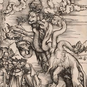 Seven Headed Monster Medieval Print, gift, mythic creatures, fantasy, apocalypse, monster, religious art, woodcut, authentic art, wall art