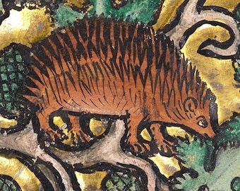 Golden Hedgehog Medieval Print, animal cuteness, framable print, bestiary, marginalia, flowers, bookish, cottagecore, medieval art