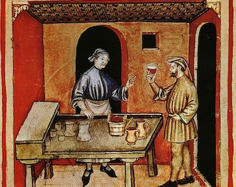 May include: A medieval illustration depicting a tavern scene. A person behind a counter serves a customer a glass of red wine. The counter is covered in a wooden surface and has several glasses and jugs on it. The scene is set in a room with a tiled ceiling and a doorway.