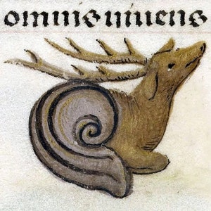 Snail Deer Medieval Print, deer art, animal cuteness, home decor, snails, bestiary, marginalia, cabin, memes in history, cottagecore, antler