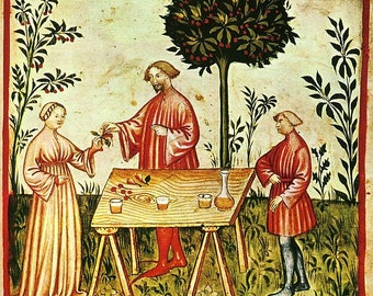 May include: A medieval illustration depicting three figures in a garden setting. A woman in a long white dress is holding a branch with red berries. A man in a red robe is holding a branch with red berries and standing behind a wooden table with three glasses and a bottle. A man in a red robe is standing to the right of the table. The background features a tree with red berries and green foliage.