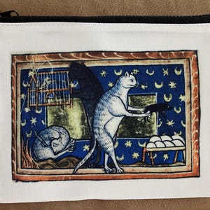 May include: White canvas zipper pouch featuring a medieval-style illustration of a cat with a bird, eggs, and a sleeping cat. The artwork is framed with a brown border and set against a blue background with stars and crescent moons.