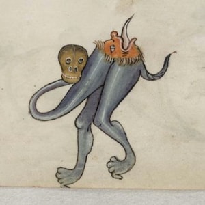 May include: A blue and orange creature with a human-like body and a skull in its hand. The creature has a long tail and is walking on two legs.