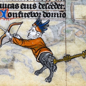 May include: A medieval illustration of a creature with a human head and a lion's body. The creature is holding a bow and arrow in its right hand and a trumpet in its left hand. The creature is wearing a blue and red headdress. The illustration is on a parchment background.
