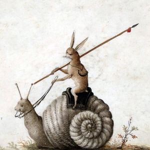 Snail Steed Renaissance Print, gift for student, gift for rabbit lover, gift for historian, hare art, rabbit art, snail art, cottagecore