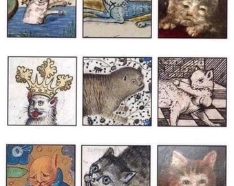 Puede incluir: Un collage de nueve imágenes que presentan gatos representados en varios estilos artísticos. Las imágenes van desde lo realista hasta lo estilizado, con algunos gatos que llevan coronas u otros accesorios. Los gatos se representan en una variedad de poses, incluyendo sentados, acostados y de pie.