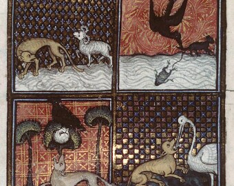 May include: Four illustrated scenes from a medieval manuscript. The top left scene shows a dog chasing a sheep. The top right scene shows a bird flying over a frog and a mouse. The bottom left scene shows a fox running away from a raven. The bottom right scene shows a dog being attacked by a stork. The text below the scenes reads "De clop et de les fables fautes mouvalent contre les malvauceus".