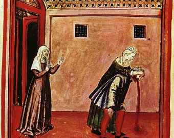 May include: A medieval manuscript illustration showing a woman in a long, brown robe standing in a doorway, gesturing with her right hand. A man in a blue and green robe is kneeling, holding his head and bleeding from the mouth. A woman in a white head covering is standing behind him, looking down at him.