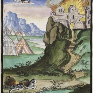 Puede incluir: Una pintura acuarela que representa un gato con un cohete atado a su espalda corriendo hacia un castillo en llamas en un acantilado. Un pájaro con un cohete atado a su espalda vuela sobre la escena. Hay tiendas de campaña en el fondo.