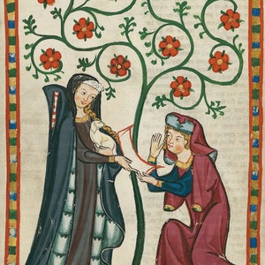 May include: A medieval manuscript illustration depicting two figures, one standing and one kneeling, in front of a stylized tree with red flowers. The standing figure holds a white lamb in their arms, while the kneeling figure gestures with their right hand.