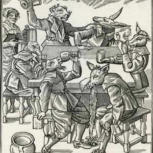 May include: A black and white woodcut illustration of a group of anthropomorphic animals drinking and socializing at a table in a tavern. The animals include a bear, a donkey, a pig, and a bird. The illustration is a humorous depiction of animal behavior and human vices.