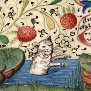 Bath Time Medieval Print, white cat art gift, medieval marginalia, bestiary, home decor, cottagecore, witchy coven familiar, weird goth
