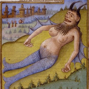May include: A medieval illustration depicting a mythical creature with a human torso, a fish tail, and a horned head. The creature is lying on a grassy hill with a castle in the background.