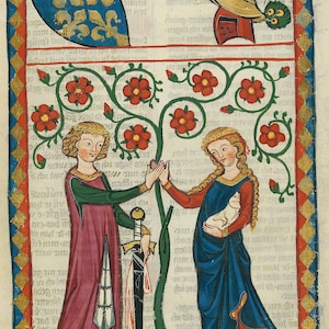 May include: A medieval manuscript illustration depicting a man and a woman standing on either side of a flowering tree. The man holds a sword and the woman holds a small white cat. The illustration is framed with a decorative border.