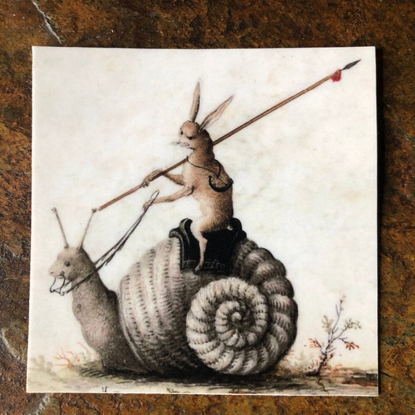 Vinyl Sticker Snail Steed medieval renaissance art, weatherproof adhesive, eco friendly, uv protected, dishwasher safe, multi-surface