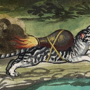 Rocket Zooms I Renaissance Print, cat art gift, bestiary, medieval marginalia, wartime siege, witch spell coven familiar, weird goth quirky