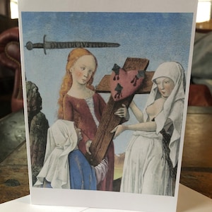 Lege wenskaart, Besties, queer heks, ongebruikelijke kunstprint, middeleeuwse kunst, subversief, vrouwenmacht, Galentines dag, Valentijnsdag, religie