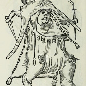 May include: A black and white illustration of a person wearing a large, hooded garment with multiple straps and buckles. The person is holding a knife in one hand and a smoking pipe in the other.